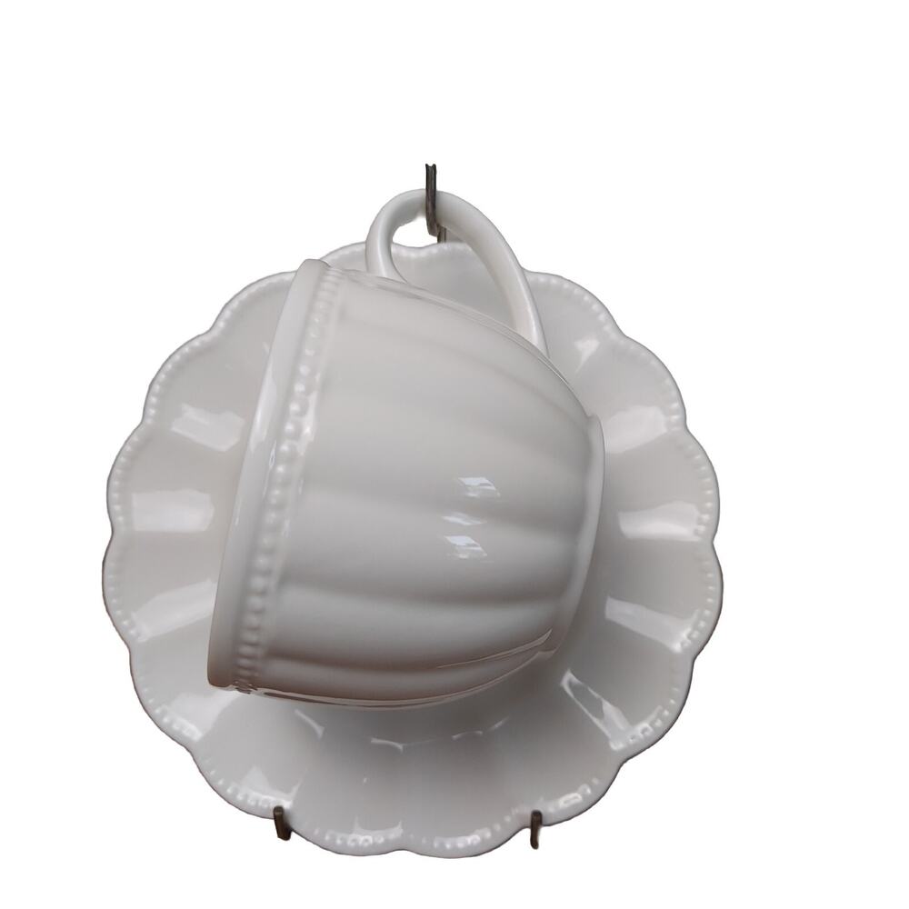 Grace Teaware Teacup & Saucer Set Fine Porcelain White Beaded Edge Microwave